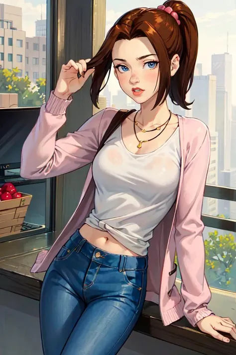 <lora:CARTOON_X_MEN_Evolution_KittyPryde_ownwaifu:0.7> KittyPryde_Dress_ownwaifu, 1girl, brown hair, ponytail, necklace, jewelry, blue eyes, lipstick,long sleeves, lips, long hair, medium breasts, blush, hair bun, scrunchie, makeup, red lips, hair ornament, jeans, denim, shirt, blue pants, navel, capri pants, pink jacket, cardigan,, absurdres, ultra detailed, masterpiece, best quality, aesthetic, detailed,