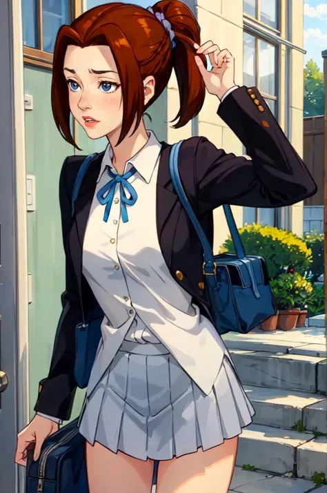 <lora:CARTOON_X_MEN_Evolution_KittyPryde_ownwaifu:0.7> KittyPryde_Dress_ownwaifu, 1girl, brown hair, ponytail, jewelry, blue eyes, lipstick,long sleeves, lips, long hair, medium breasts, blush, hair bun, <lora:SakuragaokaHighSchoolUniform:1> SakuragaokaWinter, sakuragaoka high school uniform, open jacket, white shirt, long sleeves, neck ribbon, grey skirt,, absurdres, ultra detailed, masterpiece, best quality, aesthetic, detailed,