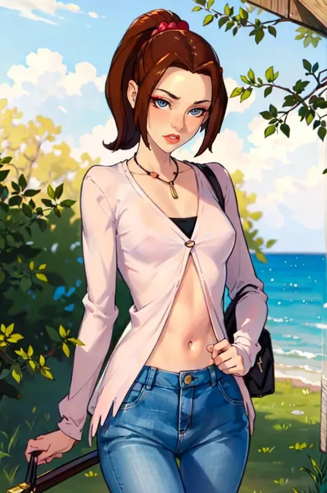 <lora:CARTOON_X_MEN_Evolution_KittyPryde_ownwaifu:0.7> KittyPryde_Dress_ownwaifu, 1girl, brown hair, ponytail, necklace, jewelry, blue eyes, lipstick,long sleeves, lips, long hair, medium breasts, blush, hair bun, scrunchie, makeup, red lips, hair ornament, jeans, denim, shirt, blue pants, navel, capri pants, pink jacket, cardigan, <lora:ban!_locon_v2_5e4_32d_16c:1>, absurdres, ultra detailed, masterpiece, best quality, aesthetic, detailed,