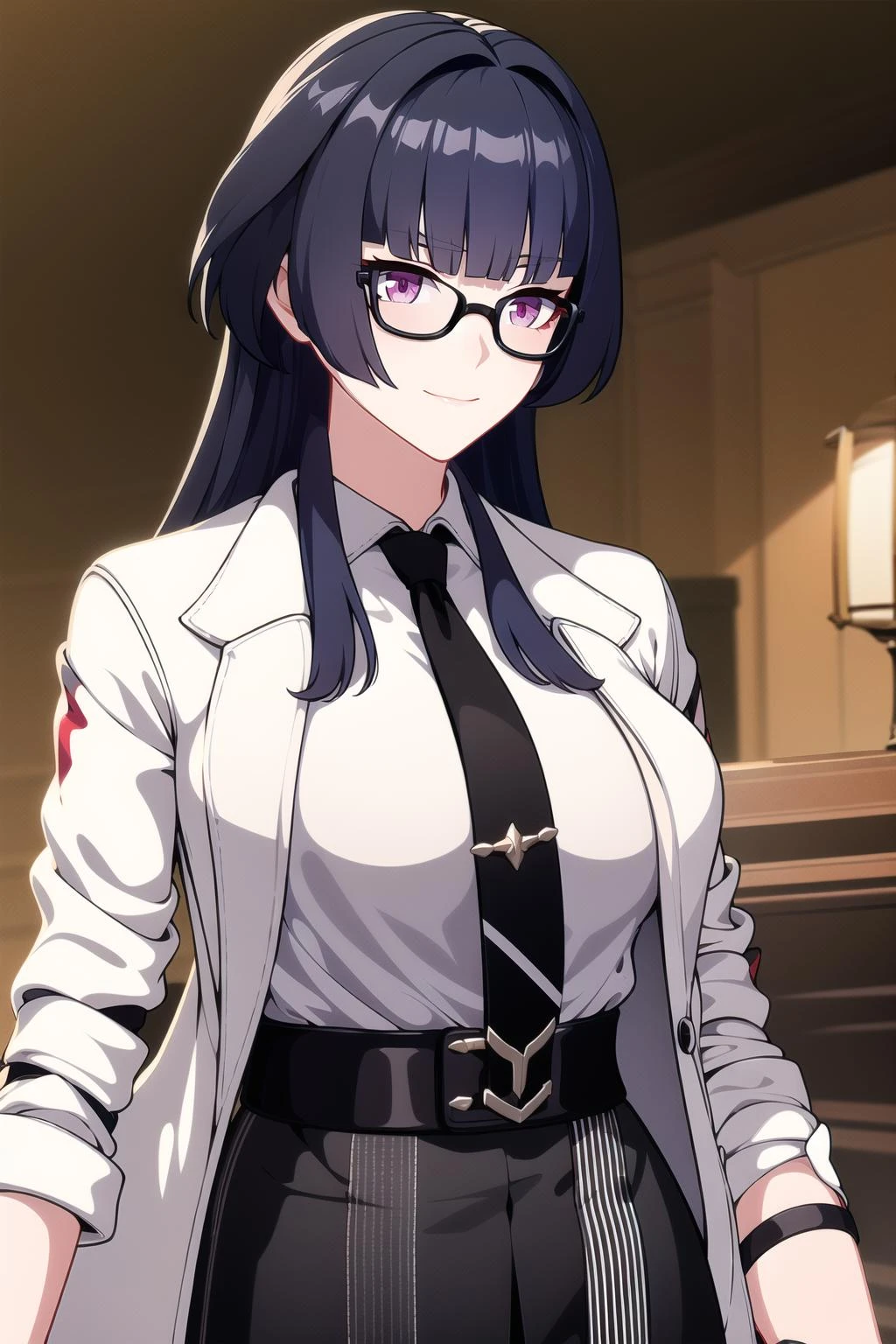 (perfect body),(fine and beautiful detailed skin:1.1),(shiny skin:1.1),(Oil highlights:1.1),(seductive), high-key and low-variance brightness scale,soft light,light and dark interlaced,
1girl, long hair, solo, gloves, glasses, purple eyes, bangs, looking at viewer, closed mouth, shirt, necktie, fingerless gloves, labcoat, polo shirt, raiden mei, jacket, black gloves, purple hair, breasts, coat, white coat, striped shirt, grey shirt, smile, collared shirt, indoors, white jacket, pants, sleeves rolled up, black necktie, long sleeves