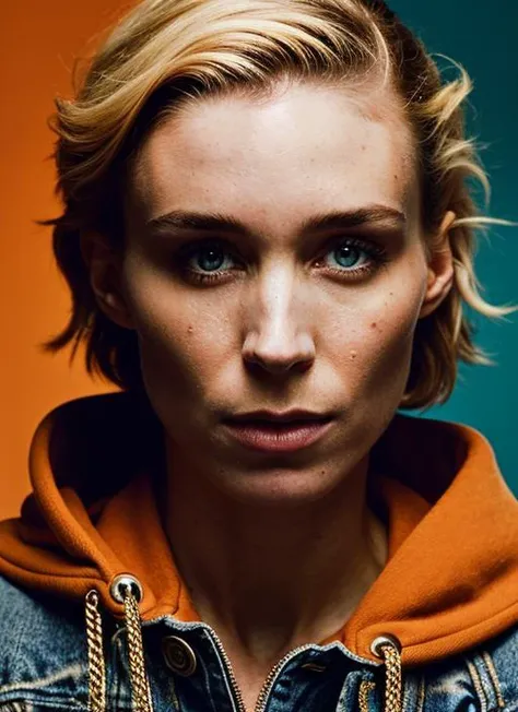 A stunning intricate color close up portrait of (sks woman:1) , wearing Ripped jeans and oversized hoodie, epic character composition, sharp focus, natural lighting, subsurface scattering, f2, 35mm, film grain, , by David LaChapelle, <lora:locon_rooneymara_v1_from_v1_64_32:1>