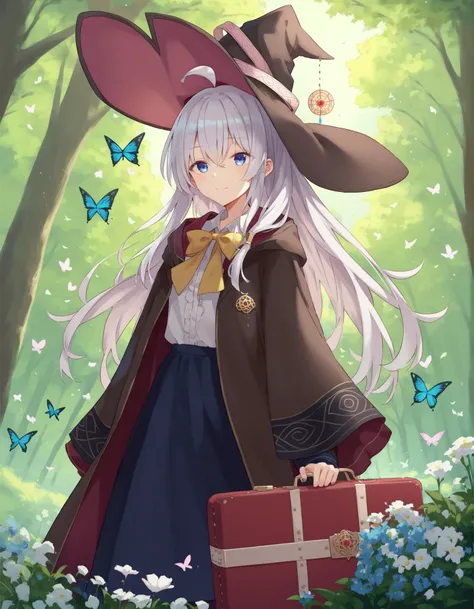score_9, score_8_up, score_7_up, 1girl, solo,  elaina, majo no tabitabi, white hair, long hair,  ahoge, blue eyes, <lora:Elaina-2:0.9>, white shirt, blue skirt, long sleeves, witch hat, yellow bow, robe,  country road, trees ,flowers, butterflies, smile, standing, holding suitcase, upper body