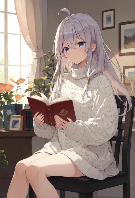 score_9, score_8_up, score_7_up, 1girl, solo, elaina, <lora:ElainaV002-7:0.9>, white sweater, sleeves past wrists , sitting, on chair, miniskirt, holding book, facing viewer, living room