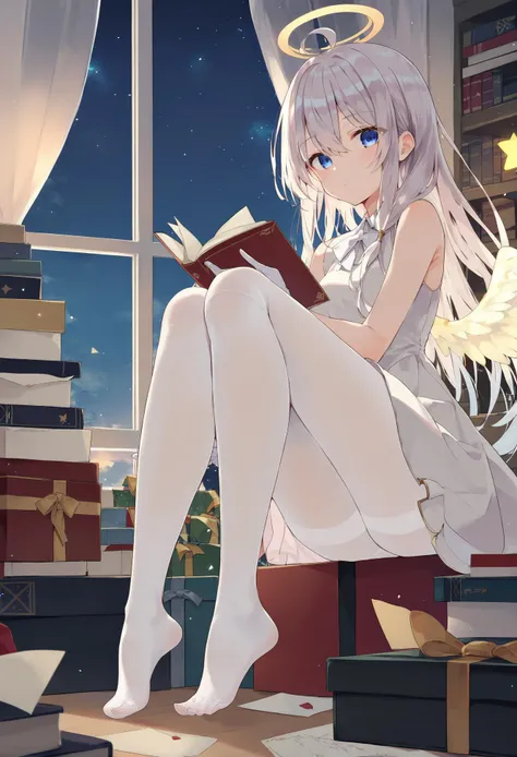 score_9, score_8_up, score_7_up, 1girl, solo, elaina, <lora:ElainaV002-7:0.9>, book, no shoes, white pantyhose, book stack, window, box, looking at viewer, sky, indoors, gift, halo, night, star \(sky\), sitting, white gloves, knees up, starry sky, white dress, curtains, angel wings, full body, night sky, envelope, feet, sleeveless dress, from side