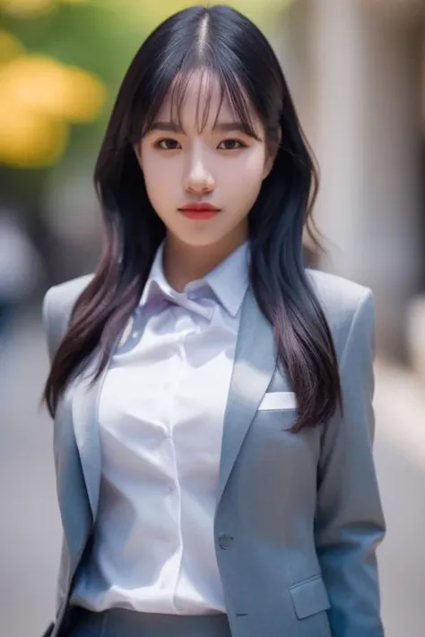 <lora:JoYuriV2:1>,Yuri,1girl,woman,complex 3d render ultra detailed, (smile:1.1), portrait of beautiful woman, moody portrait, striking features, beauty, intricate details, dramatic composition, tension, contrast, texture, realism, high-quality rendering, stunning art, high quality, film grain, Fujifilm XT3,swirly bokeh,(realistic, photo-realistic:1.4),RAW photo,physically-based rendering,(looking at viewer:1.4),(8k, best quality, masterpiece:1.5),(full body shot:1.2),octane render,extremely detailed CG, unity 8k wallpaper,in street,urban,city,(studio soft light,sunlight:1.1),(standing:1.1),(a girl is wearing suit and blazer:1.5),hyper realistic detail shiny skin,ultra detailed,(ultra realistic:1.4),(intricate:1.1),(photorealistic:1.4),1girl,(skinny:1.3),detailed background ,(large breasts:1.1)