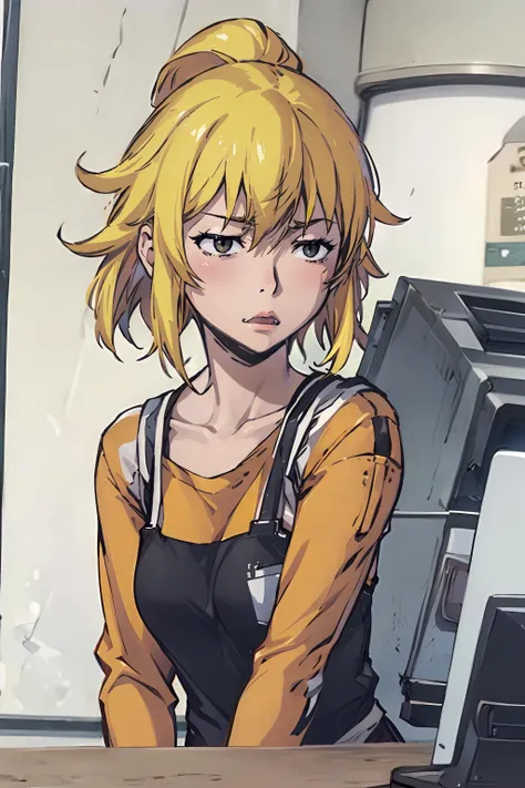 annoyed_face, 1girl, supermarket, cute, beautiful face, upper body, cashier, supermarket cashier, yellow_hair, medium hair, solo, <lora:annoyed_face_anime:1>