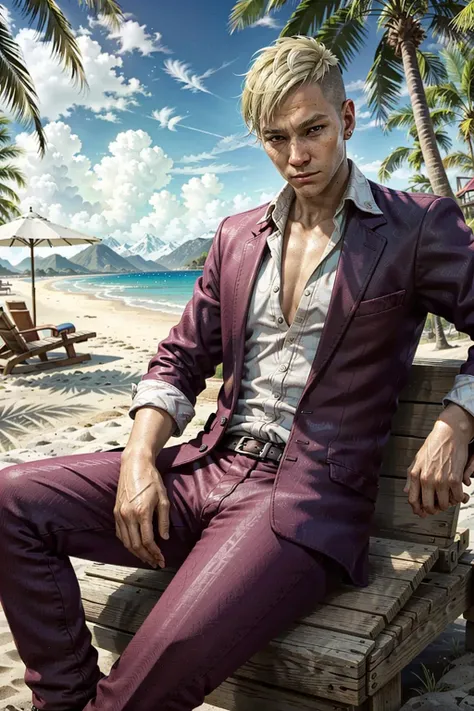 PaganMinFar, 1boy, male focus, solo, blonde hair, sitting, beach, palm trees
<lora:epi_noiseoffset2:1>, <lora:PaganMinFar:0.7>