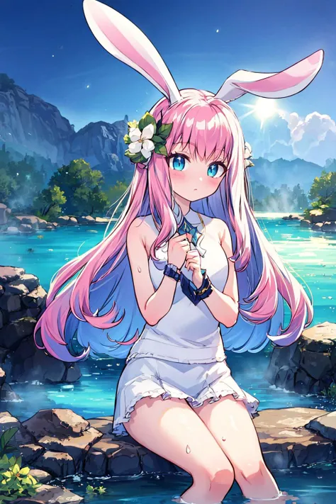 ((masterpiece)), (best quality), official art, extremely detailed CG, unity 8k wallpaper, ultra detailed, highly detailed, detailed background,
Lyca_AFK,  white mini skirt, rabbit ears,  solo, expressionless, 
Magical Hot Springs: Relax in the healing waters of the Blue Lagoon in Iceland, surrounded by volcanic landscapes and steamy geothermal pools, cinematic composition, dynamic pose,
 <lora:Lyca_AFK:1>