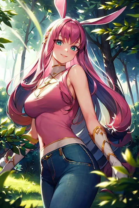 ((masterpiece,best quality)), absurdres,
<lora:Lyca_AFK:1>, Lyca_AFK, pink shirt, denim jeans,
solo, smiling, looking at viewer, cowboy shot,
forest in background, cinematic composition, dynamic pose,