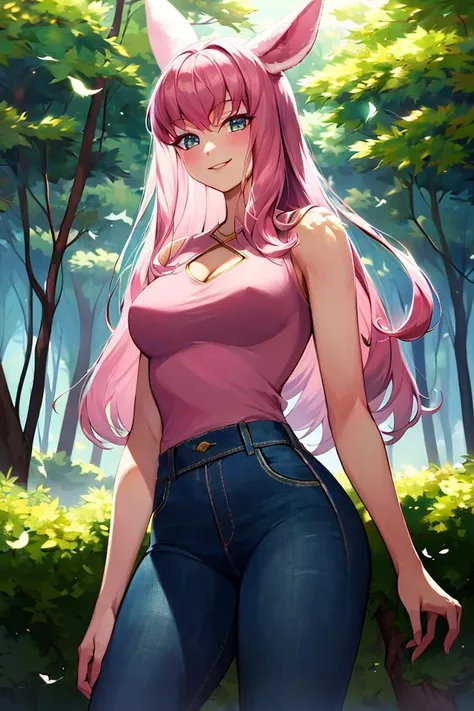 ((masterpiece,best quality)), absurdres,
<lora:Lyca_AFK:1>, Lyca_AFK, pink shirt, denim jeans,
solo, smiling, looking at viewer, cowboy shot,
forest in background, cinematic composition, dynamic pose,