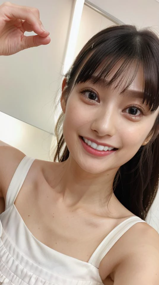 1girl, japanese, cute, highly detailed face, long-shaped and narrowed eyes:1.2, small pupil, 30 years old, light smile, teeth, dynamic pose,  <lora:kounomarika_lora-06:0.9>, best quality, white dress, selfie, smartphone,