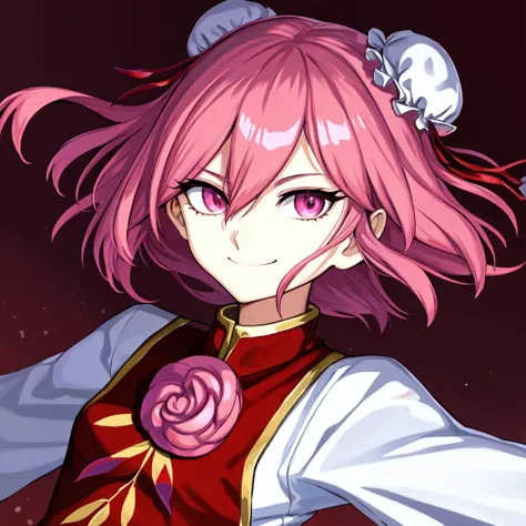 looking at viewer, (anime), flat chest, (mature female:1.4), masterpiece, best quality, face portrait, ibaraki kasen, kasen ibaraki, 1girl, solo, (smile:1), (happy:1.2), pink hair, (pink eyes), double bun, bun covers, tabard, white background, AS-Elderly <lora:kasen:1> <lora:Squeezer2:0.1>