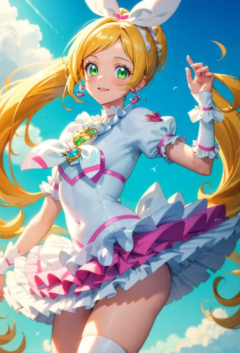 (best quality, masterpiece:1.2),1girl, <lora:locon_cure_rhythm_v1:1> cure rhythm, wide ponytail, puffy short sleeves, brooch, heart earrings, ribbon, arm warmers, white boots, look at viewer,(green eyes:1.2),big smile