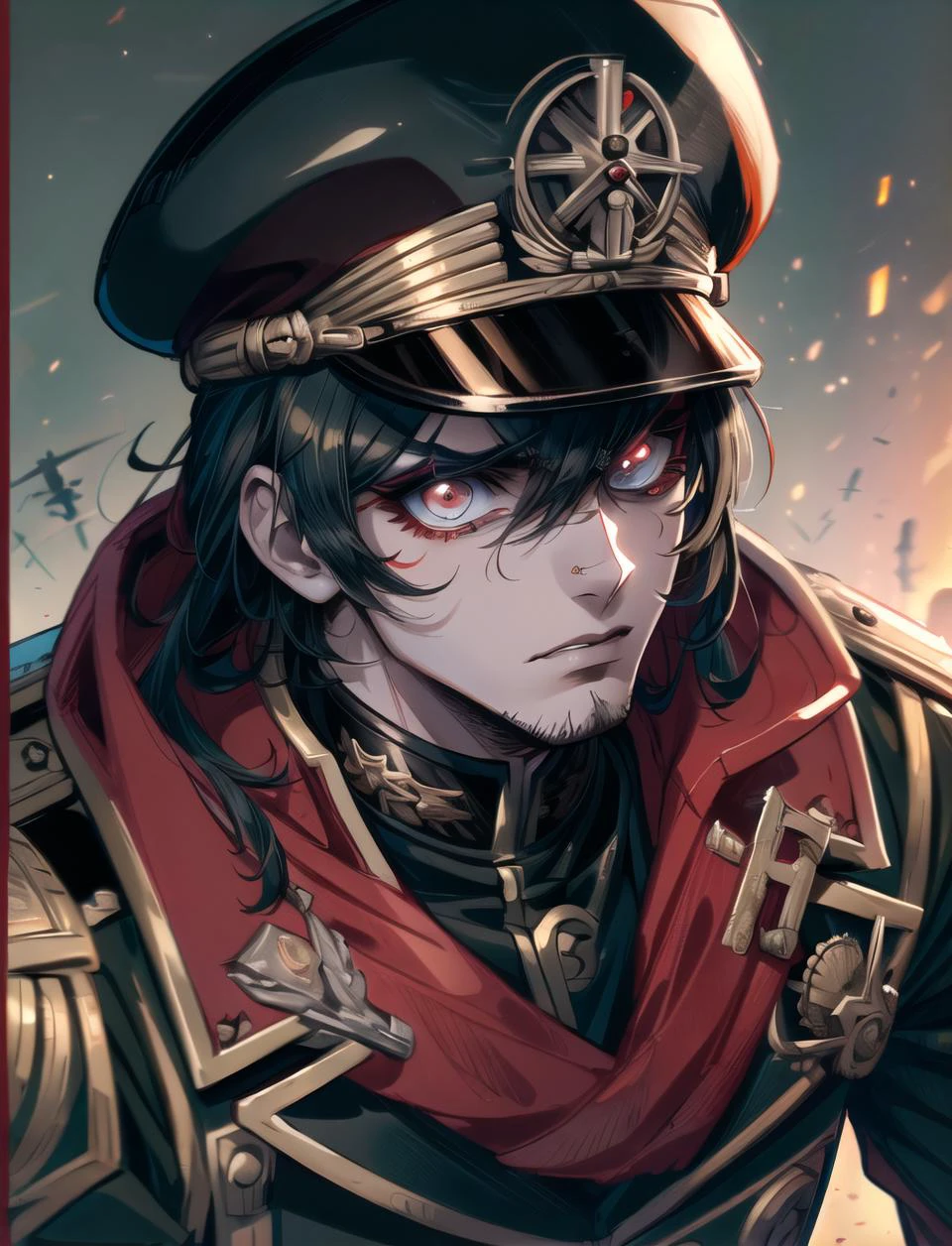 warhammer_40k_commissar,((masterpiece)), (best quality), (detailed), black uniform, mascara, eyeliner, eye shadow, upper body, lipstick, 1boy, 1man, propaganda poster, angry, stubble,
<lora:warhammer40commissarv2:0.4> <lora:add_detail:0.5> <lora:beautifulDetailedEyes_v10:0.6>, (8k uhd, masterpiece, best quality, high quality, absurdres, ultra-detailed)