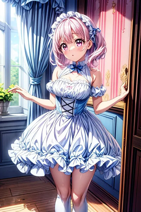 (masterpiece, best quality), 1girl, blue and white frill dress, (white stockings), pink hair, cute face, standing, indoor, intricate detail, sunlight, <lora:add_detail:1>