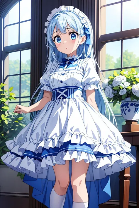 (masterpiece, best quality), 1girl, blue and white frill dress, (white stockings), cute face, standing, indoor, intricate detail, sunlight,