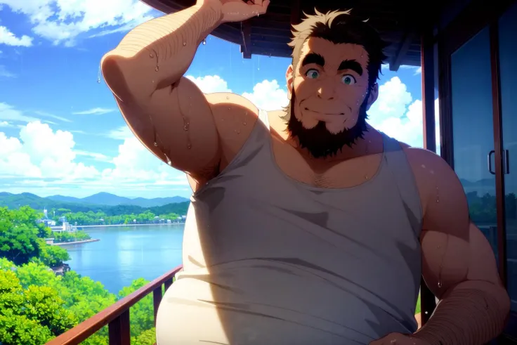 <lora:umiyan_lora4:0.8> best quality, 1boy, smile, (drunk:1), cloud, rain, harbor of ine-cho kyoto, looking at viewer, BREAK mature male, bara, (wide shot, panorama, fisheye:1), masterpiece, (old man:1), (white tanktop, wet white shirt:1.2), (brown hair:0.7), (fat man:1), (arm hair:1), green eyes, beard, (sideburns:1), thick eyebrows <lora:rain_v6:1>