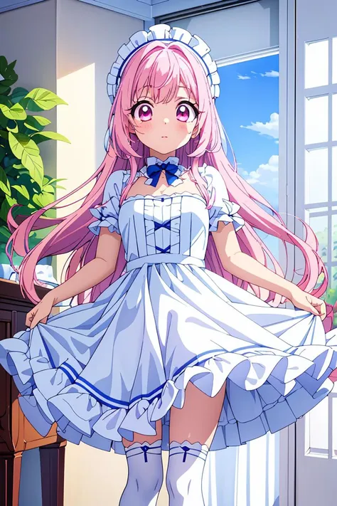 (masterpiece, best quality), 1girl, blue and white frill dress, (white stockings), pink hair, cute face, standing, indoor, intricate detail, sunlight,