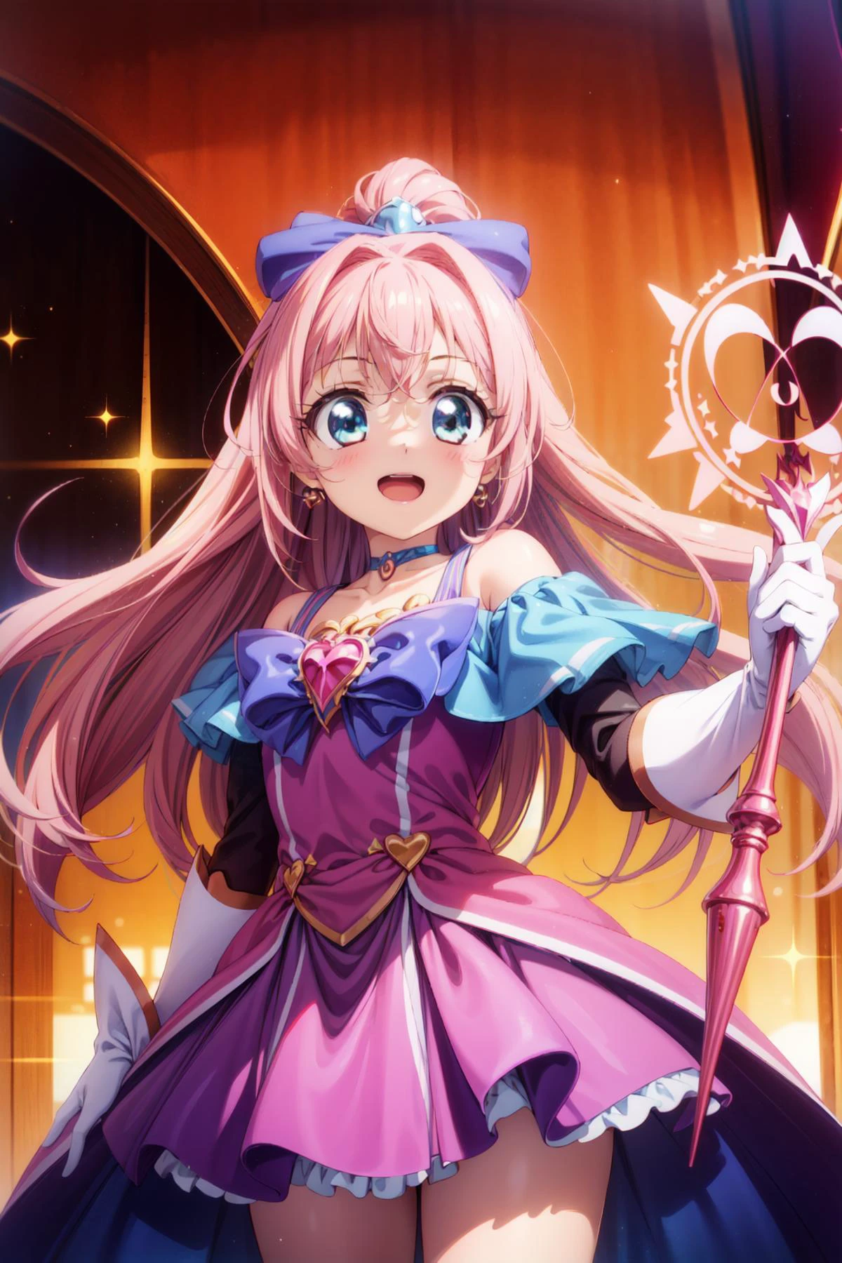 (masterpiece, ultra-detailed, best quality:1.5), (high resolution:1.5), (beautiful pretty cute face, beautiful detailed eyes:1.3), professional lighting,
BREAK
cowboy shot, standing, dynamic angle, stylish pose, (firing, shooting:1.4), shiny skin, shiny hair, <lora:anti_longtorso_v10:2>,
BREAK
1girl, solo, smile, open mouth, looking at viewer,<lora:Loraeyes_V1:0.5>,
BREAK
pink hair, long hair, (big hair:1.4), high ponytail, hair ribbon,
BREAK
(magical girl:1.4), (holding magic stick:1.2), (pink dress:1.2), tiara, jewelry, earrings, choker, red bow, white gloves, elbow gloves, miniskirt, knee boots,
BREAK
(magic circle:1.5), (heart:1.3), (glint, sparkle:1.4), <lora:boldline:-0.5>, <lora:hyperdetailer_v095:0.2>,