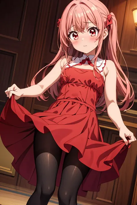 (masterpiece, best quality), 1girl, red dress, pantyhose, cute face, blush,
