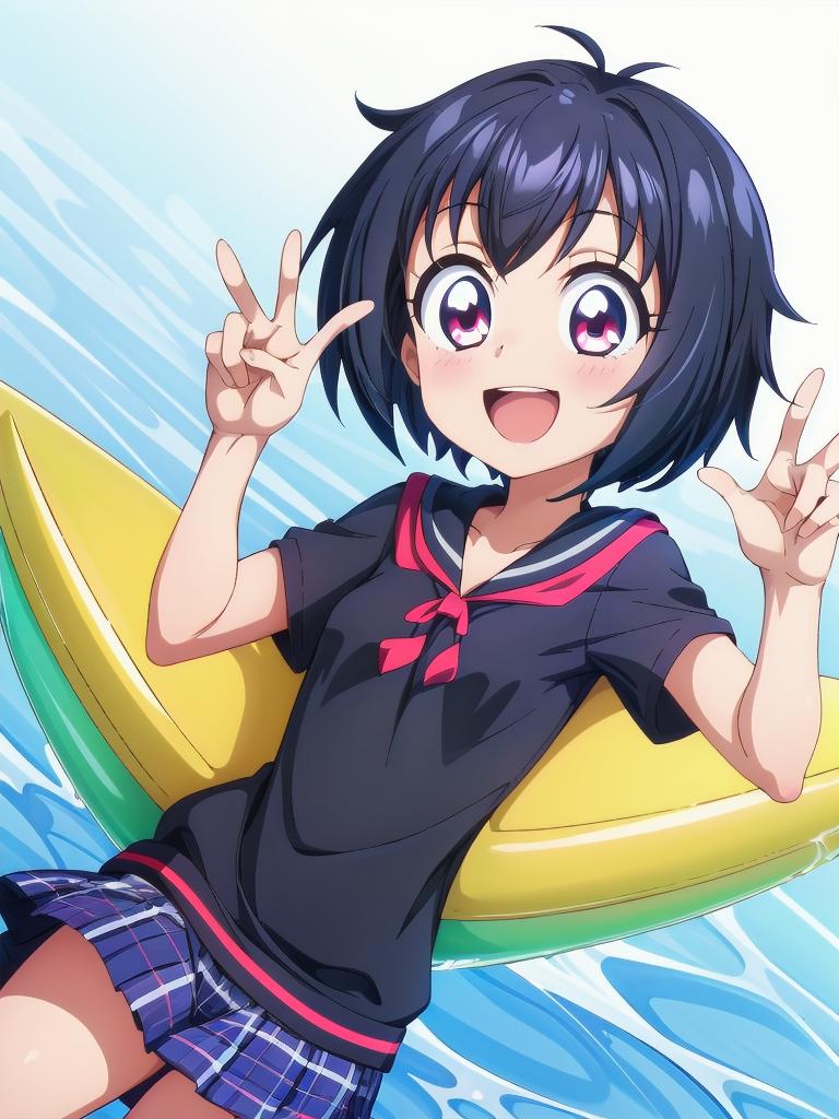 Anime girl in a school uniform holding a surfboard in the water - SeaArt AI