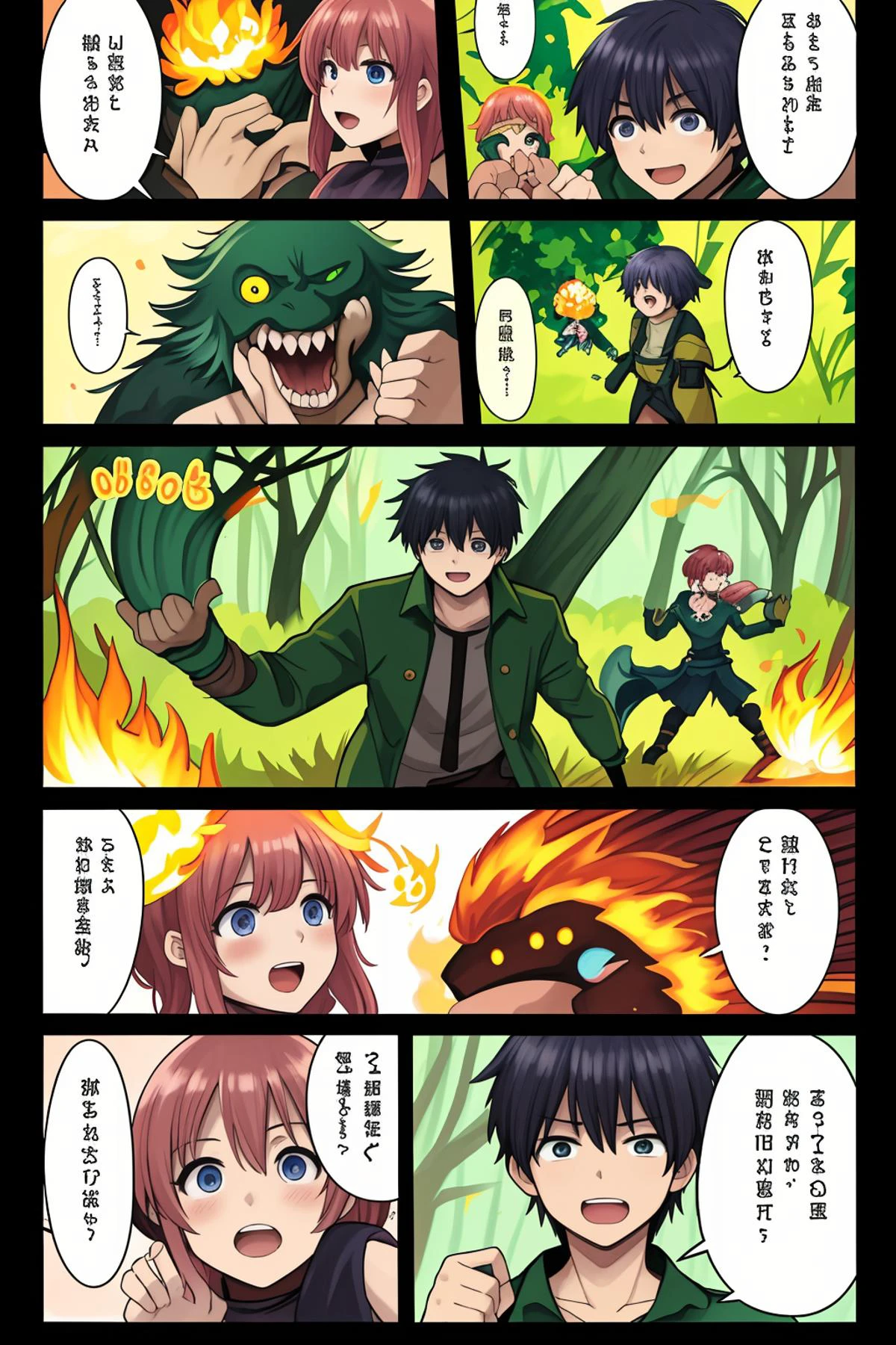 1boy and 1girl, fantasy, attacking monsters, fire, magic, forest
<lora:MangaGen1:1.25> <lora:mangaC:2.5> manga,frame,speech bubble,color
<lora:LCM_LoRA_Weights_SD15:1>