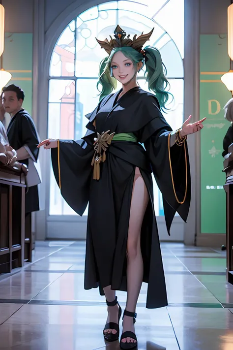 masterpiece, best quality, fashion photoshoot, full body view, 1girl, blue_eyes, blue_hair, bracelet, braid, day, eyelashes, green_hair, lips, long_hair, menphina, indoors, smile, (((black magician robes))), twintails, art deco architecture, <lora:Menphina:0.75>
