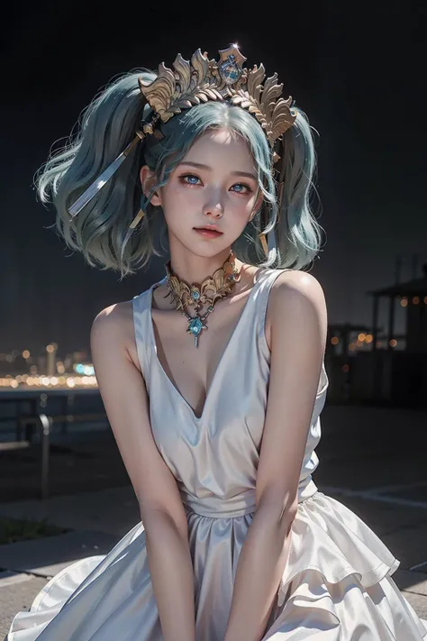 Best quality, masterpiece, ultra high res, (photorealistic:1.4), 1girl, shiny skin,night sky, full moon, crown, aqua eyes, aqua hair, luxury dress, white dress, shiny dress, good hand, depth of field, white skin, glowing eyes, golden armor arm, <lora:Menphina:0.7> pov, <lora:virtualgirlAim_v30:0.5>