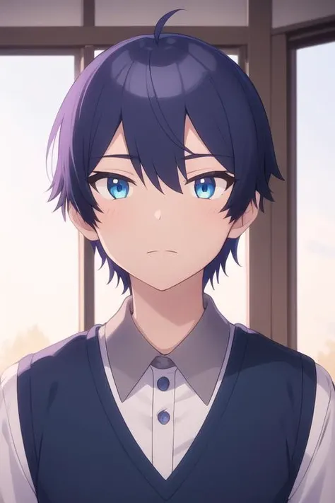 masterpiece, best quality, high quality, 1boy, solo, male focus, looking at viewer, upper body, , <lora:sueharu_maru:0.70>, sueharu_maru, blue eyes, blue hair,