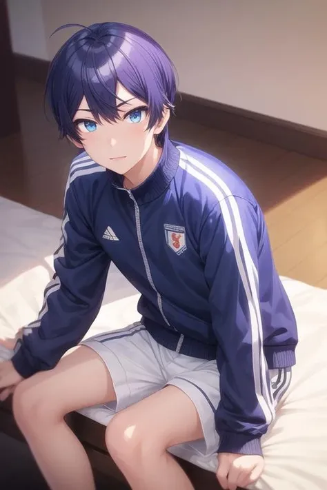 masterpiece, best quality, high quality, 1boy, solo, male focus, looking at viewer, , , <lora:sueharu_maru:0.72>, sueharu_maru, blue eyes, blue hair, track suit