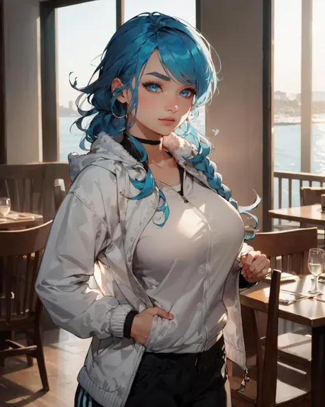 A woman with blue hair and a white shirt posing for a picture - SeaArt AI