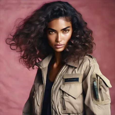 <lora:kellygale_xl_lora_25:1> kellygale (fashion 1.3) photo of a vivacious woman a Supermodel, Striking eyes, voluminous thick wavy hair, lipgloss, wearing intricately detailed tactical clothing, looking at viewer, seductive expression, (upper body shot:1.3) Studio lighting, shot using a Hasselblad 500CM on Fujicolor Pro film in the style of (Hans Bellmer:1.1) High detail, intricate, detailed face, detailed eyes, detailed skin, Golden Section,