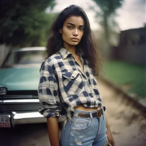 <lora:kellygale_xl_lora_25:1>  kellygale analog film photo close up, beautiful woman posing, ripped jeans and checkered shirt, cute look, perfect eyes, faded film, desaturated, 35mm photo, grainy, vignette, vintage, Kodachrome, Lomography, stained, highly detailed, found footage, f1.2 50mm