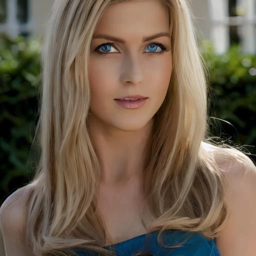 Blonde woman with blue eyes in purple blouse 
