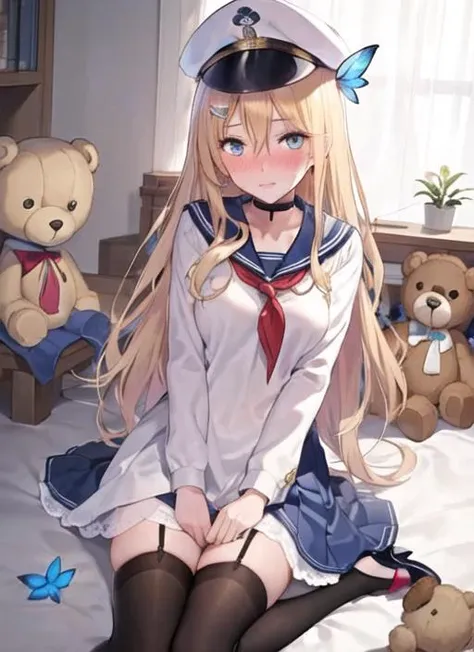 1girl,masterpiece, (8k, best quality, masterpiece:1.2),highly detailed,ultra-detailed,masterclass,best quality,illustration,hair_between_eyes,perfect lighting,Slightly transparent white stocking ,sweat,medium breasts,white lace stocking,blue butterfly hair ornament, ring, earrings,blush, nose blush,<lora:saratoga2:0.6>,blonde hair,long hair,(teddy bear),blue high-heeled shoes,blue choker,lie,blue eyes,sailor suit,student uniform,peaked hat