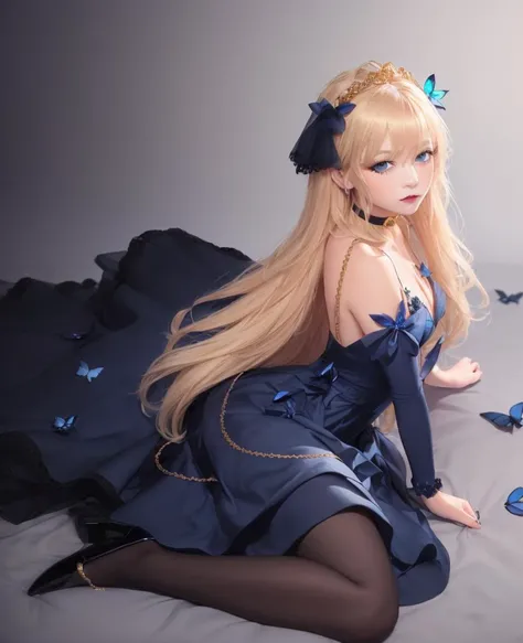 1girl,masterpiece, (8k, best quality, masterpiece:1.2),highly detailed,ultra-detailed,masterclass,best quality,illustration,hair_between_eyes,perfect lighting,blue butterfly hair ornament,((golden hair)),long hair,(dark blue high-heeled shoes,dark blue long dress,dark blue choker,dark blue bow veil,tiara, blue eyes)<lora:saratoga6:0.6>realistic,