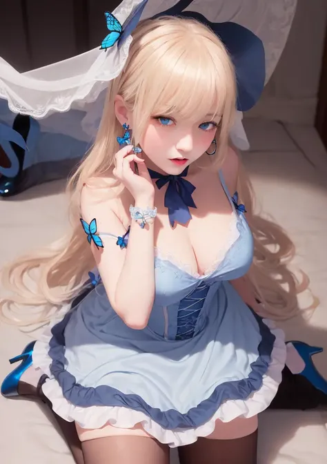 1girl,masterpiece, (8k, best quality, masterpiece:1.2),highly detailed,ultra-detailed,masterclass,best quality,hair_between_eyes,perfect lighting,Slightly transparent white stocking ,sweat,medium breasts,white lace stocking,blue butterfly hair ornament, ring, earrings,blush, nose blush,<lora:saratoga6:0.6>,blonde hair,long hair,(blue victorian butterfly bow hat),teddy bear,blue high-heeled shoes,blue dress,blue choker,lie,blue eyes,realistic,bangs,closed mouth,