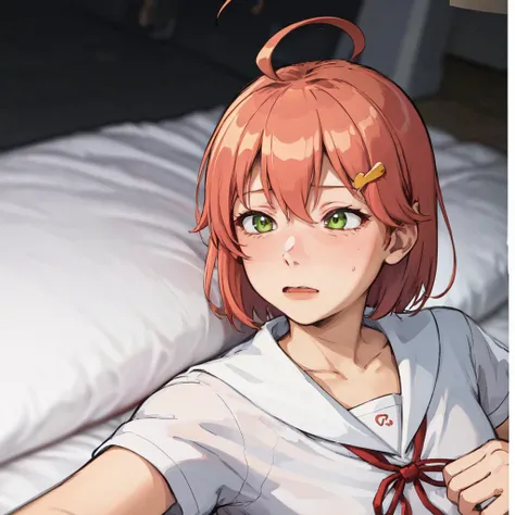 masterpiece, best quality, absurdres, perfect anatomy, MikoSchool, ahoge, short hair, hairclip, white shirt, sailor collar, short sleeves, IncrsLimmyWakingUpMeme, <lora:SakuraMiko:0.8>, <lora:LimmyWakingUpMeme:1>