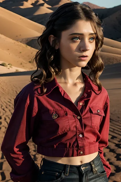 <lora:add_detail:0.25>, A stunning intricate full color portrait, of (natalia dyer:1) <lora:natalia-03:1>, red shirt, stunning , natural lighting , 35mm, epic character composition, desert bg