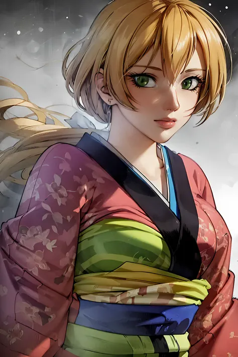 (Masterpiece, Best Quality:1.4), highres, Traditional media, Manga, retro artstyle, beautiful, (centered), ultra-detailed portrait, upper body, (dynamic scene:1.1), Yuya, solo, 1girl, shiny, (perfect face), lips, (detailed eyes, green eyes:1.2), looking at viewer, serious, medium breasts, kimono, obi, wide sleeves, full body, dynamic pose, fantasy, depth of field), floating particles, highly detailed, 85mm, (volumetric lighting:1.1), (best shadow), <lora:Yuya_Shiina-01:0.8>