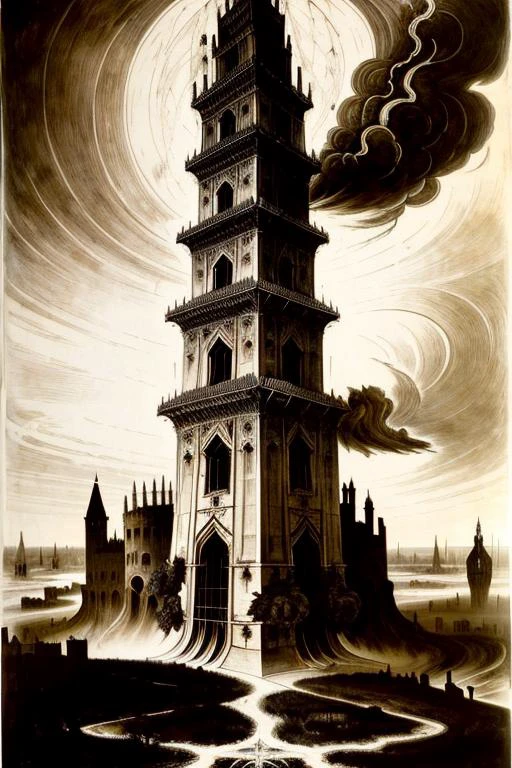 <lora:darkFantasy_v11:0.5> p16 The Tower: embodies destruction, upheaval, and revelation. ,, by Alberto Seveso, Albert Pinkham Ryder, Albrecht Altdorfer, Alexy Savrasov, Alessandro Allori, Alexander Nasmyth, Anders Zorn, Andre-Charles Boulle