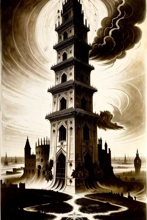 <lora:darkFantasy_v11:0.5> p16 The Tower: embodies destruction, upheaval, and revelation. ,, by Alberto Seveso, Albert Pinkham Ryder, Albrecht Altdorfer, Alexy Savrasov, Alessandro Allori, Alexander Nasmyth, Anders Zorn, Andre-Charles Boulle