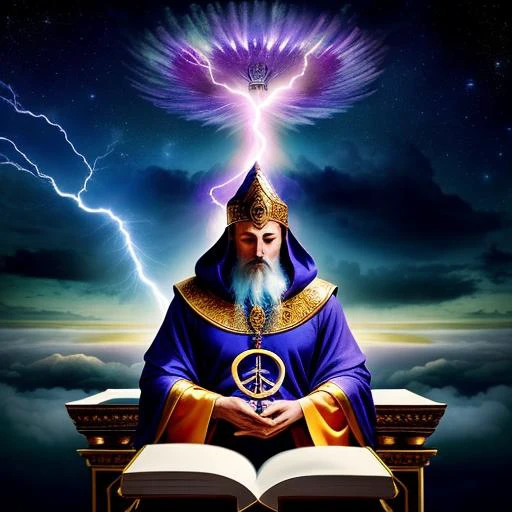 <lora:masterpieceTrained_v10:0.93> f The Hierophant seated on a throne, holding a sacred book and staff. The Hierophant is depicted as a figure of tradition and guidance, with a wise expression and a gentle demeanor. Behind The Hierophant, there is a temple with columns and arches, representing the sanctity and reverence of spiritual practice. The colors used are muted and serene, with a mix of blues and grays, representing the tranquility and calmness of the spiritual world. The lighting is soft and diffused, with a gentle glow emanating from The Hierophant and the surrounding temple. The overall effect is one of peace, introspection, and guidance. The Hierophant is dressed in ceremonial robes, with a hood and a symbol of the divine on his forehead, representing his connection to the spiritual realm. The sacred book in his hand represents the wisdom and guidance that he offers to those who seek it, while the staff represents his authority and leadership. The overall effect of the image is one of reverence, contemplation, and the power of spiritual guidance and tradition.,b The Magus standing in the center, surrounded by swirling elements of fire, water, earth, and air. The Magus is depicted as a master of manifestation, with one hand pointed towards the sky, and the other hand touching the earth, symbolizing their ability to bridge the gap between the spiritual and material realms. In the background, there is a storm brewing, with lightning bolts striking the ground and illuminating the sky. The storm represents the power and energy of creation, while the lightning bolts symbolize flashes of inspiration and insight. The colors used are bold and intense, with a mix of warm and cool tones. The Magus is dressed in a deep purple robe, symbolizing their mastery of the mystical and spiritual realms. The surrounding elements are in shades of red, orange, blue, and green, representing the four elements and their corresponding energies. The lighting is dramatic, with deep shadows and bright highlights, creating a sense of tension and power. The overall effect is one of mastery, creativity, and the ability to harness the forces of the universe to create something new and powerful., high-definition detailed photograph, surrealist imagery styles of Michal Karcz, Mikko Lagerstedt, Brooke Shaden, Clemens Ascher, and Frieke Janssens