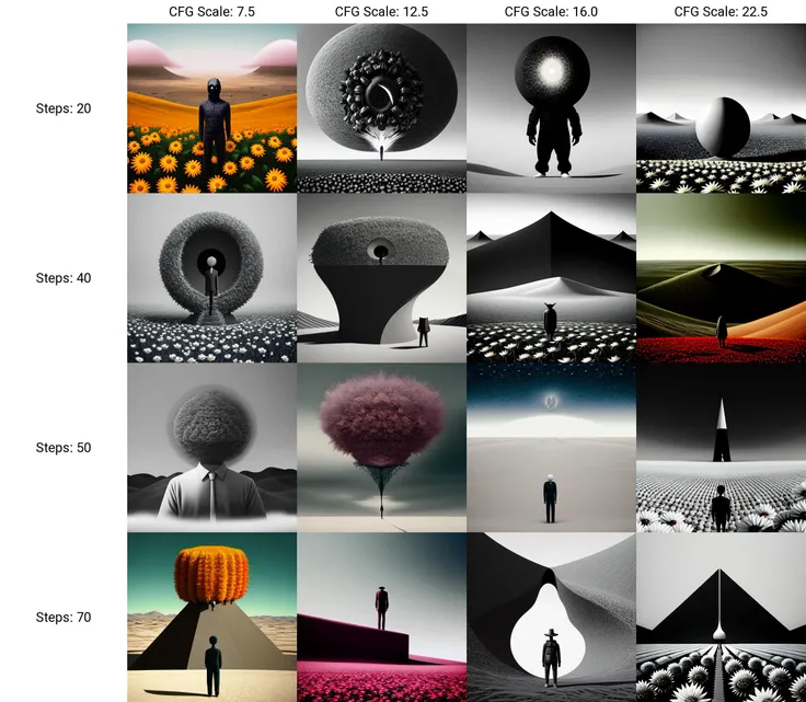 a man standing in a field of flowers, a surrealist painting, by Barkley Hendricks, conceptual art, dusty space suit, eric lacombe, film promotional still, in desert, donnie darko, wayne - coyne, photo render, gray anthropomorphic, full - body shot, island by (Remedios Varo:1.1), (abstract_geometric_splash_v1:0.5) (hq:1.1)