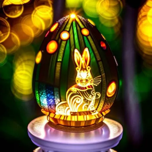 <lora:glassSculptures_v20CompletelyRedone:0.7> Photography of Faberg Egg on a plinth made with a complex stained glass effect depicting a white rabbit, intricate elaborate golden Filigree design with stained glass effects, amazingly detailed stunning background of sparkling rainbow coloured fairy light, bokeh, a bleached white insect alien with gold eyes and dressed in elaborate clothing with a group of aliens like people standing in a forest of leaves and flowers by Filip Hodas, Richard Doyle, Nicolas Delort, Amandine Van Ray, beeple, Giger, Durer, Ellen Jewett, Naoto Hattori Terada Katsuya. bokeh, depth of field, oversaturated TRANSLUCENT lighting, dark background, concept art, digital art, highly detailed, intricate, sharp focus, trending on artstation