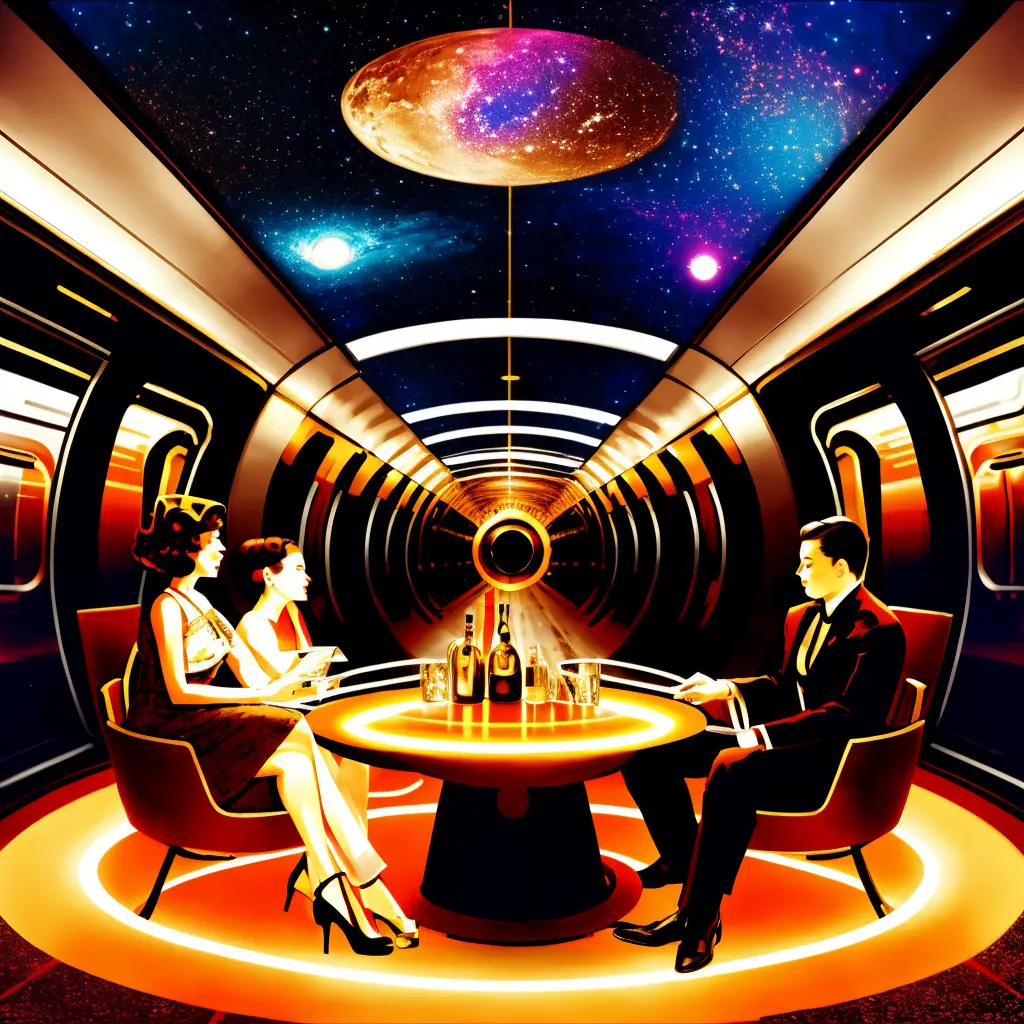 <lora:starryStyle_v20:0.33> The subject of this artwork is the interplay between our concept of the universe and our concept of self., The Devil: A person sitting at a table surrounded by money, alcohol, and drugs, representing temptation, bondage, and materialism.,, Psychedelic, behance Rollerwave matte painting, suggestion unexpected A person standing on a platform while a train rushes by, representing the passing of time and the journey of life. On board a sleek and modern spaceship, Horror, robloxcore, golden hour, cosmic nebulae, calotype unimaginable beauty apocalyptic, Modular constructivism, by Satoshi Kon, Mikhail Vrubel, Simon Dewey and Impressionism, astrophotography, scrapbooking, golden hour atompunkstylesd15 Html