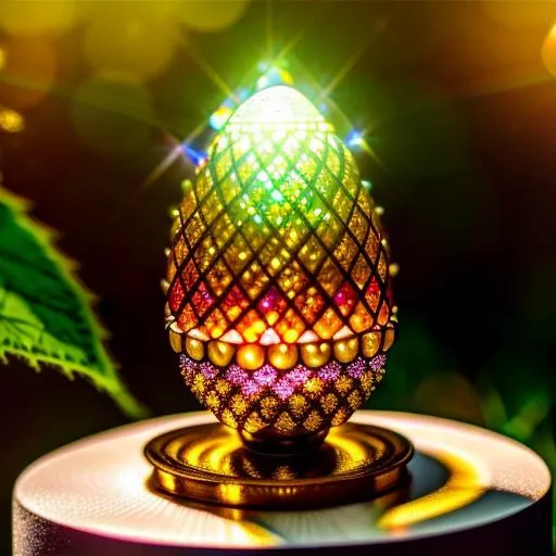 <lora:glassSculptures_v20CompletelyRedone:0.7> Photography of Faberg Egg on a plinth made with a complex stained glass effect depicting a white rabbit, intricate elaborate golden Filigree design with stained glass effects, amazingly detailed stunning background of sparkling rainbow coloured fairy light, bokeh, a bleached white insect alien with gold eyes and dressed in elaborate clothing with a group of aliens like people standing in a forest of leaves and flowers by Filip Hodas, Richard Doyle, Nicolas Delort, Amandine Van Ray, beeple, Giger, Durer, Ellen Jewett, Naoto Hattori Terada Katsuya. bokeh, depth of field, oversaturated TRANSLUCENT lighting, dark background, concept art, digital art, highly detailed, intricate, sharp focus, trending on artstation