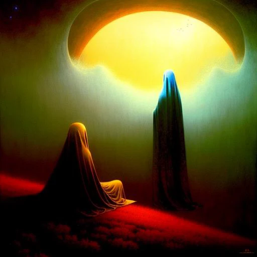 ghosts sitting and watching in rooms of ethereal haunting heavenly Nightmare eternities hauntingly surreal dark silence by beksinski and vladimir kush, high detailed, trending on artstation