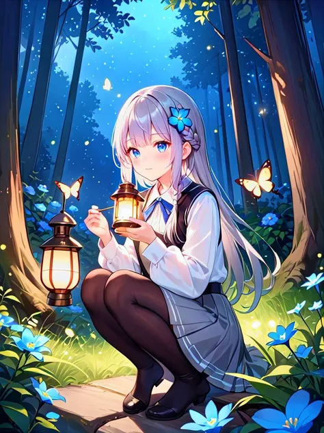 1girl, long hair, blue eyes, flower, bug, black thighhighs, hair ornament, outdoors, nature, long sleeves, skirt, forest, night, hair flower, butterfly, bangs, tree, sitting, holding, lantern, blush, braid, closed mouth, blue flower, glowing, shirt, grey skirt, squatting, grey hair, sidelocks, fireflies