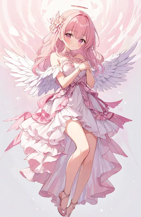 1girl,wings,knee,Embrace chest with both hands,full body,long dress,white pink theme,(((masterpiece,best quality))),((good structure)),((Good composition)), ((clear, original,beautiful))